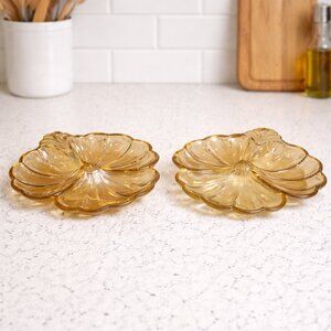 Vtg Carnival Iridescent Jeanette Amber Marigold Glass Leaf Clover Shaped Dishes